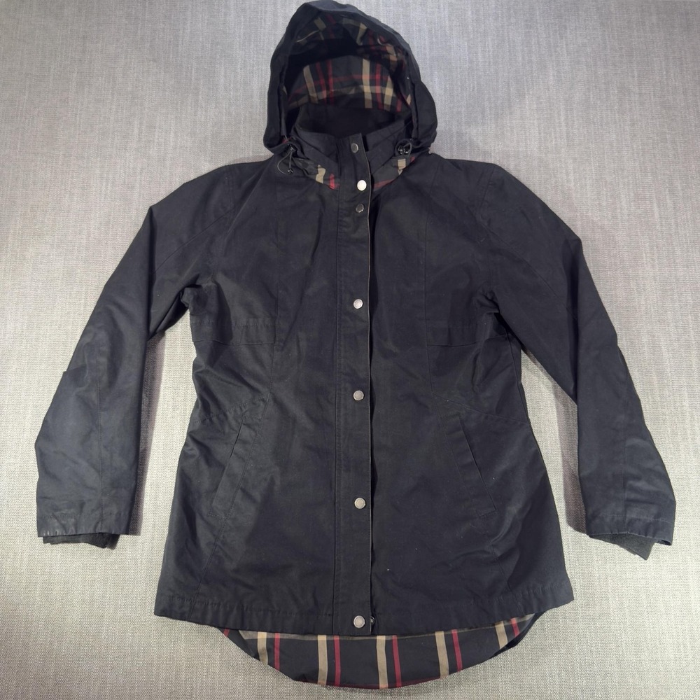 Pendleton Coat Womens Medium Black Waxed Canvas Hooded Rain Jacket Plaid Lined